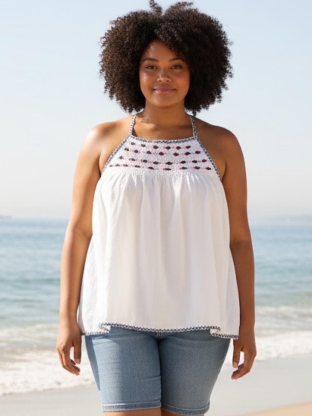 White Smocked Embroidered Halter Tank Navy Red Trim (L)